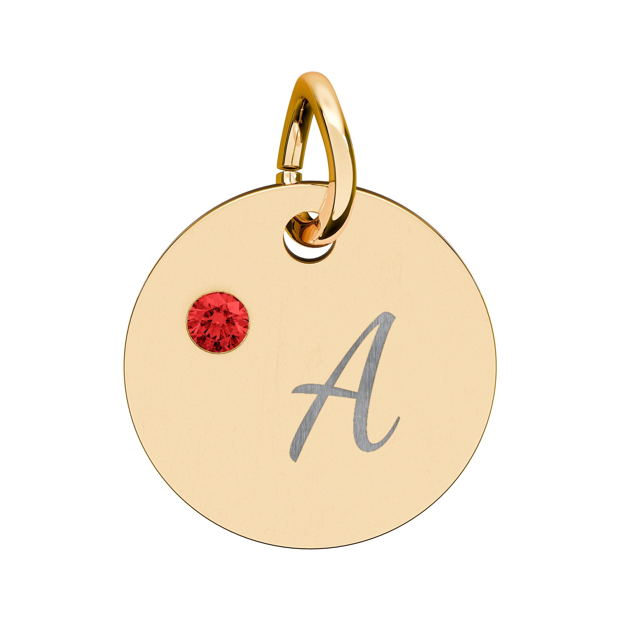 Gold pendant with red gemstone and letter 'A' on a white background