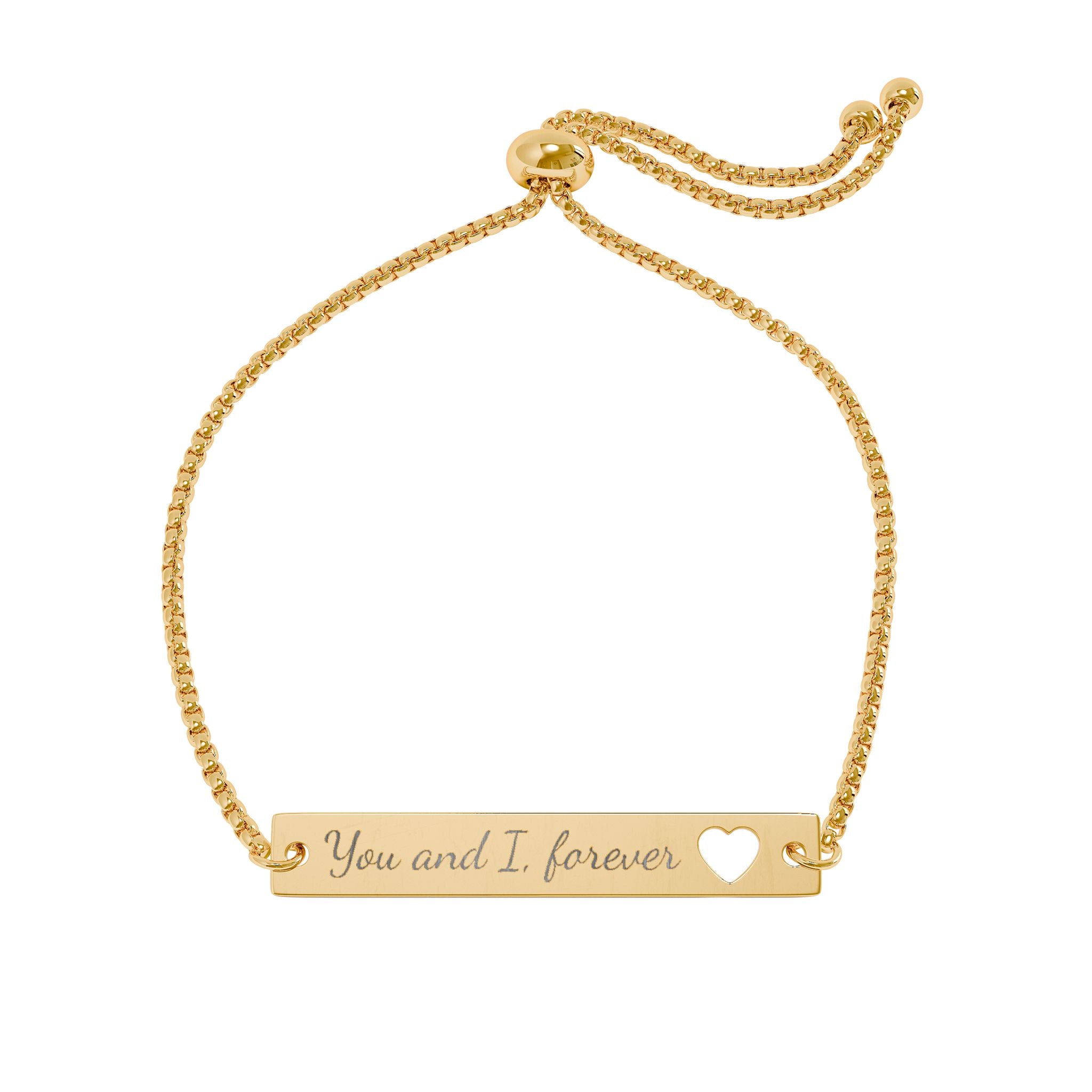Gold bracelet with 'You and I, forever' engraving on a white background