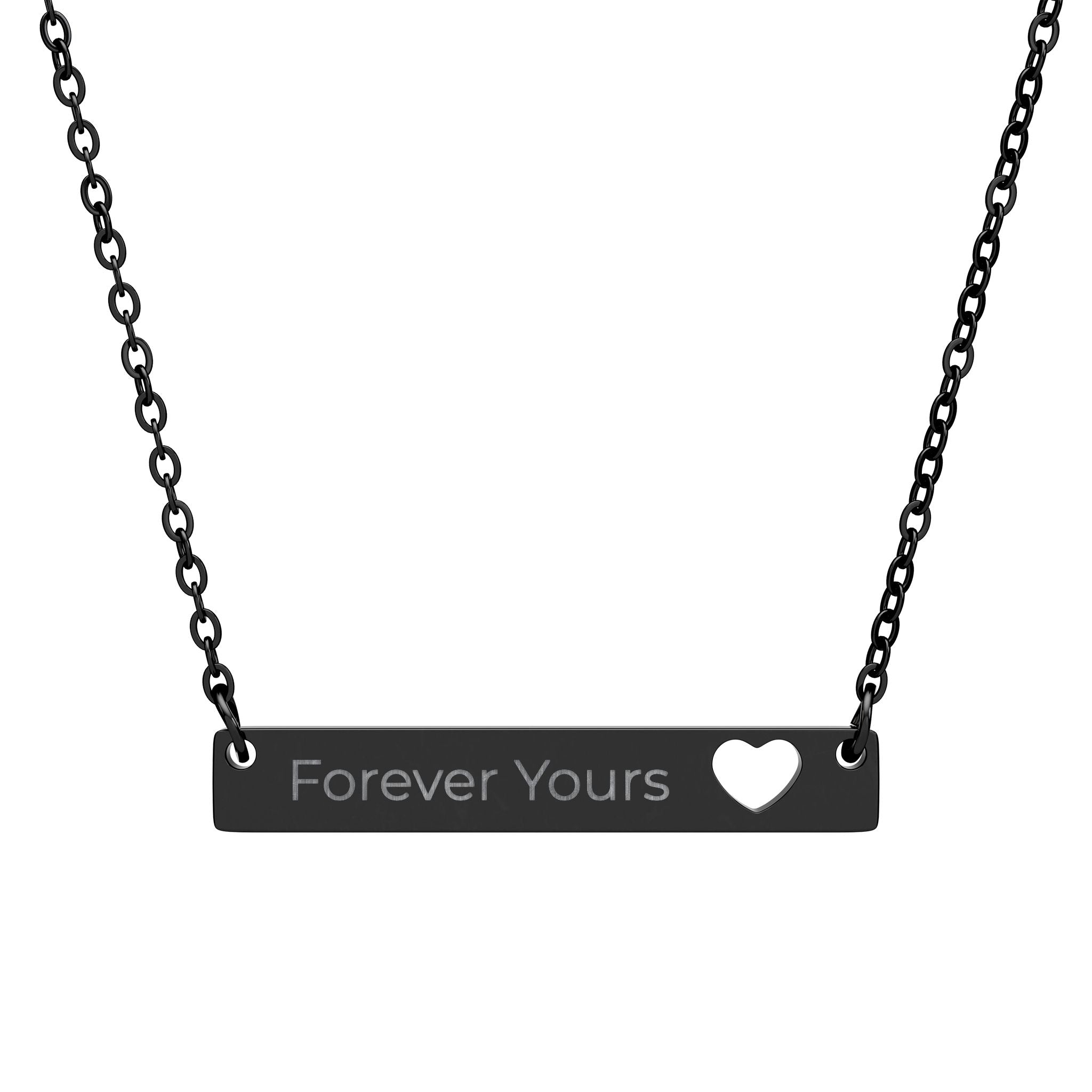 Black necklace with 'Forever Yours' and a heart symbol on a white background
