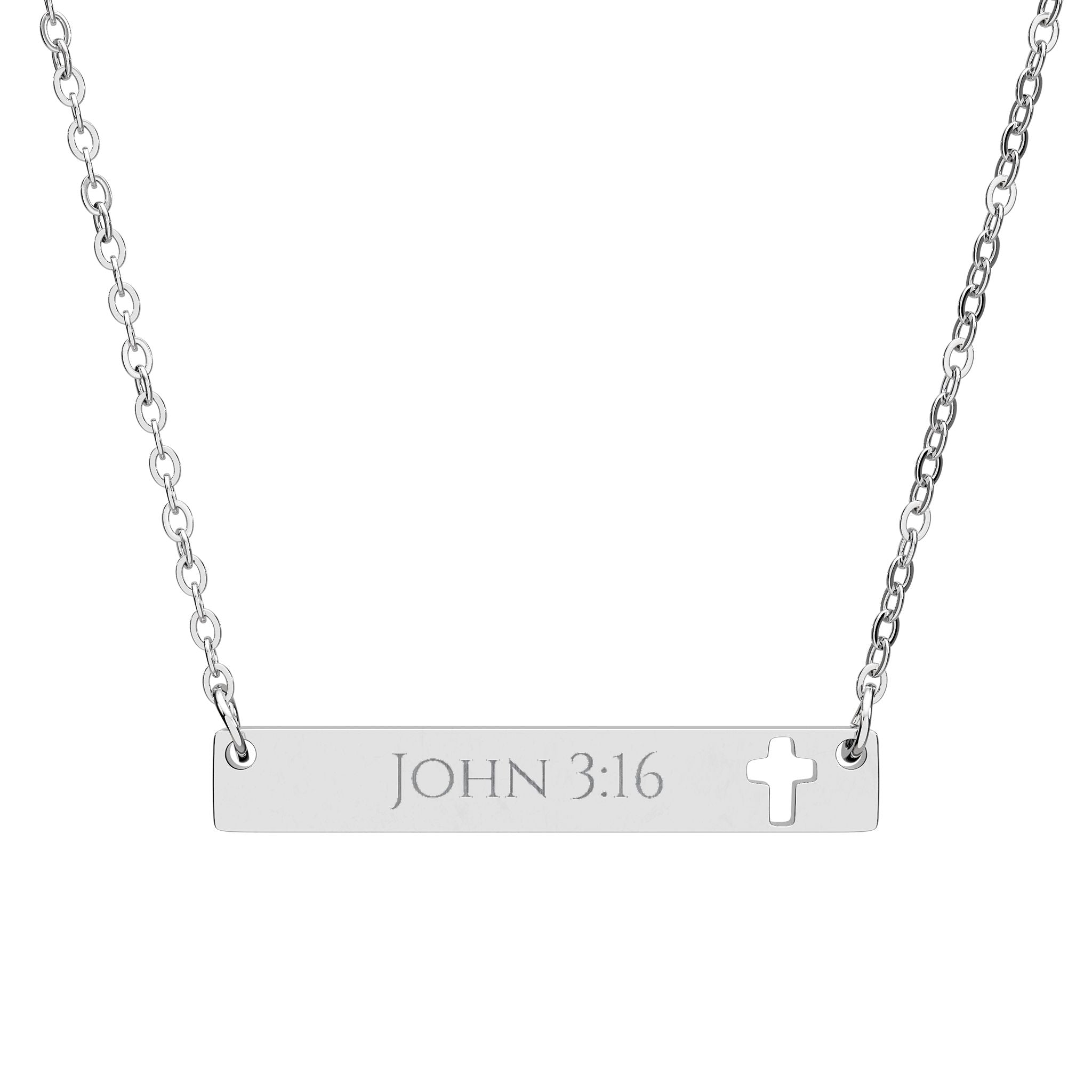 Silver necklace with a bar pendant engraved with 'JOHN 3:16' and a cross symbol on a white background.