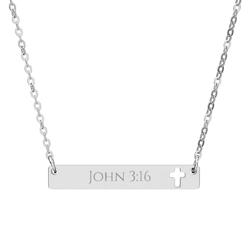 Silver necklace with a bar pendant engraved with 'JOHN 3:16' and a cross symbol on a white background.