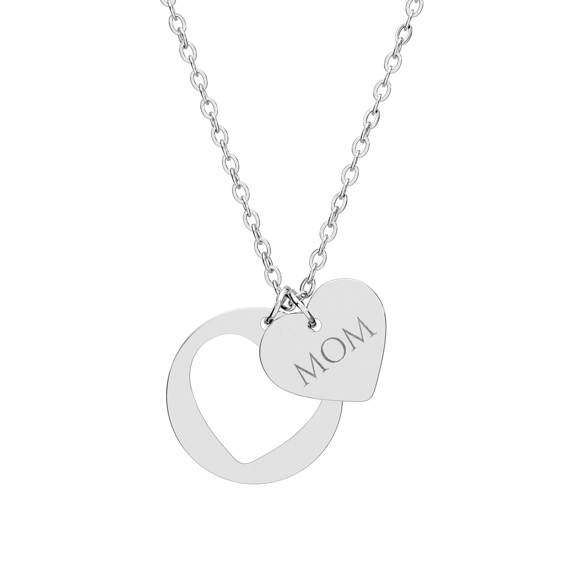Silver necklace with a heart-shaped pendant engraved with 'MOM' on a white background